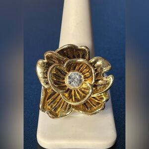 Floral Festival Gold Tone Fantasy Flower Rhinestone Stretch Ring